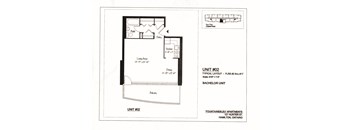 A floor plan for a Bachelor Unit with a living area, kitchen, and bathroom.