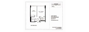 A drawing of a floor plan for a one bedroom unit.