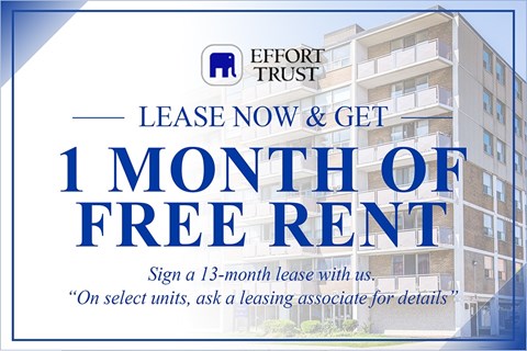 A promotional image for Effort Trust offering a free month of rent for a 13-month lease.