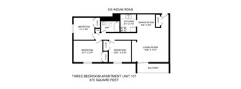 A black and white diagram of a three bedroom apartment.