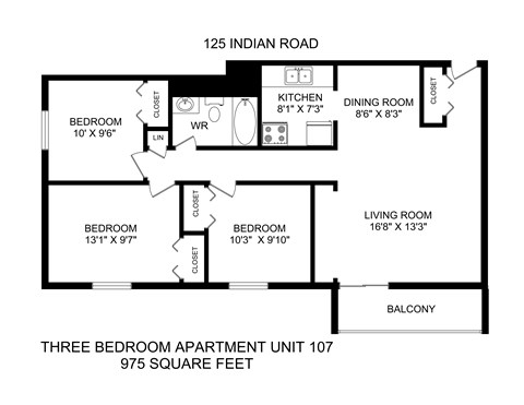 A black and white diagram of a three bedroom apartment.