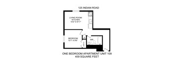 A drawing of an apartment unit with a living room, kitchen, and bedroom.