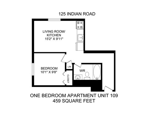 A drawing of an apartment unit with a living room, kitchen, and bedroom.
