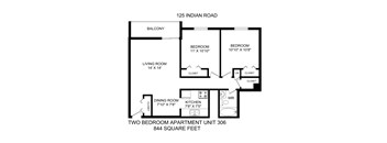 A drawing of a two bedroom apartment with a living room, dining room and kitchen.