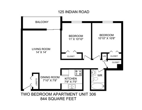 A drawing of a two bedroom apartment with a living room, dining room and kitchen.