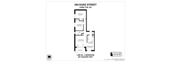 A floor plan for a 907 square feet condo at 264 Duke Street, Hamilton, ON.