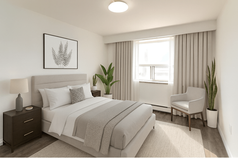 A bedroom with a large bed, a chair, and a potted plant.