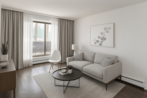 A modern living room with a grey sofa, a white chair, and a coffee table.