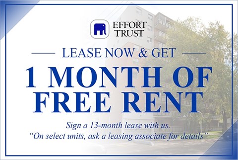 A sign advertising a 1 month free rent offer from Effort Trust.