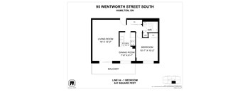 A floor plan for a property at 95 Wentworth Street South, Hamilton, ON, showing a living room, dining room, kitchen, and bedroom with their respective dimensions.