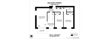 A floor plan for a 2 bedroom apartment at 256 Duke Street, Hamilton, ON.