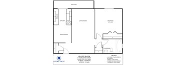 A floor plan of a one bedroom apartment with a kitchen and living room.