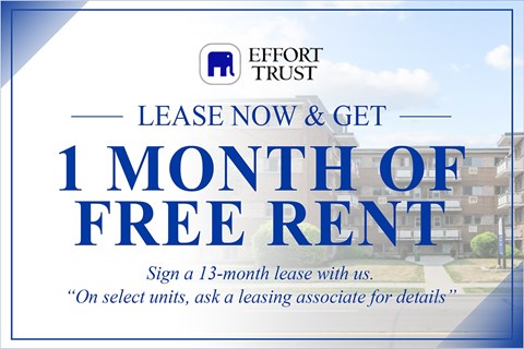 A blue and white advertisement for Effort Trust offering a free month of rent for signing a 13-month lease.