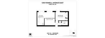 A floor plan for a 1 bedroom unit at 1296 Fennell Avenue East in Hamilton, Ontario.