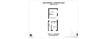 A floor plan for a 1 bedroom apartment at 1296 Fennell Avenue East, Hamilton, Ontario.