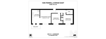 A floor plan for a 2 bedroom apartment at 1296 Fennell Avenue East, Hamilton, ON.