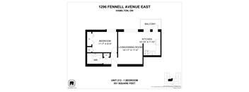A floor plan for a 551 square feet apartment with a bedroom, living/dining room, kitchen, and balcony.