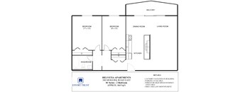 A floor plan for a 2 bedroom apartment with details on the side.