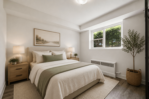 A bedroom with a large bed, a small tree, and a painting on the wall.