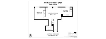 A floor plan for a unit at 115 Main Street East in Hamilton, Ontario, showing a bedroom, living/dining room, kitchen, and laundry room.
