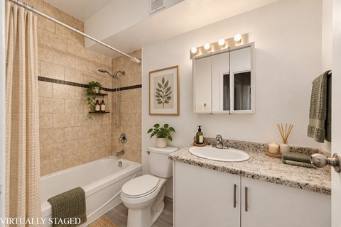 bathroom with a white toilet, a bathtub with a shower curtain, a sink, and a mirror.