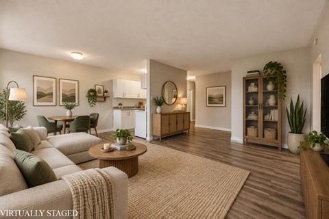 A living room with a couch, a coffee table, and a potted plant.