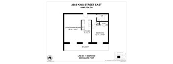 A floor plan for a one bedroom apartment at 2583 King Street East in Hamilton, Ontario.