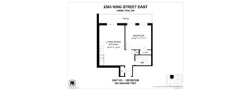 A floor plan for a 596 square foot unit at 2583 King Street East in Hamilton, Ontario.