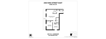 A floor plan for a 2 bedroom apartment at 2583 King Street East, Hamilton, Ontario.