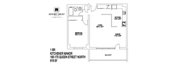 A floor plan for a 1 bedroom, 1 bathroom manor is shown.