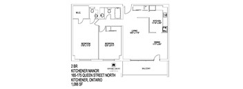 A floor plan of a 2 bedroom kitchener manor in Ontario.