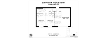 A floor plan for a 2 bedroom apartment at 25 Mountain Avenue North, Stoney Creek, ON.
