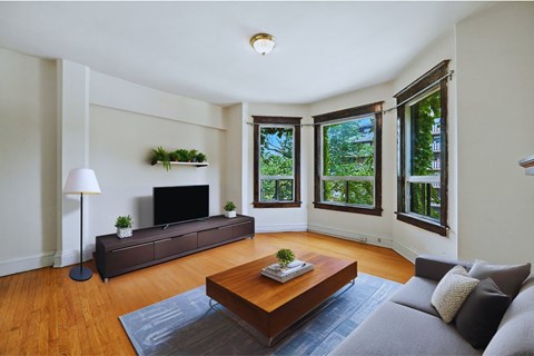A living room with a grey couch and a wooden coffee table.