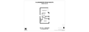 A floor plan for a 1 bedroom apartment at 9 Longwood Road South, Hamilton, ON.