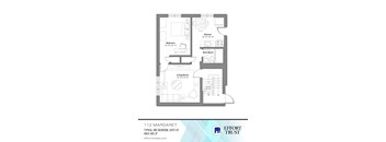 A floor plan for a one bedroom apartment with a living room, kitchen, bathroom and bedroom.