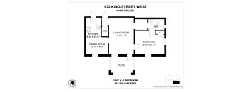 A floor plan for a 1 bedroom apartment at 972 King Street West in Hamilton, Ontario.