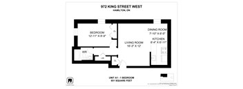 A floor plan for a one bedroom apartment at 972 King Street West in Hamilton, Ontario.