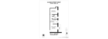 A floor plan for a one bedroom apartment at 34 King Street West.