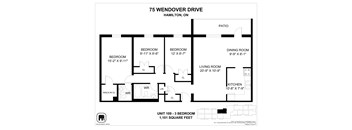 A floor plan for a 1,101 square foot apartment at 75 Wendover Drive, Hamilton, ON.