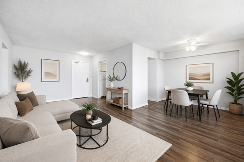 A living room with a grey sofa, a black coffee table, and a dining table with chairs.