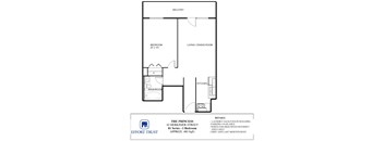 A floor plan of an apartment with a bedroom, living room, kitchen, and bathroom.