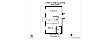 A floor plan for a one bedroom apartment at 12 Proctor Boulevard in Hamilton, Ontario.