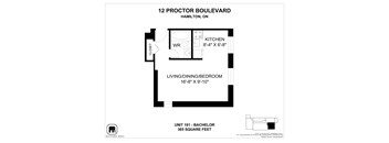 A floor plan for a 365 square foot unit at 12 Proctor Boulevard in Hamilton, ON.