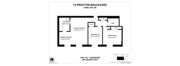 A floor plan for a 2 bedroom apartment at 12 Proctor Boulevard, Hamilton, ON.