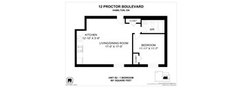 A floor plan for a unit at 12 Proctor Boulevard in Hamilton, Ontario.