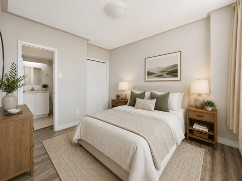 A bedroom with a large bed and a painting on the wall.