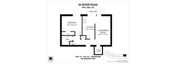 A floor plan for a 1 bedroom apartment at 59 River Road Welland, Ontario.