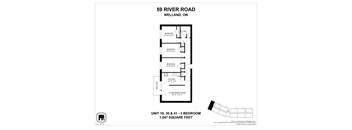 A black and white image of a floor plan for a unit at 59 River Road, Welland, ON.