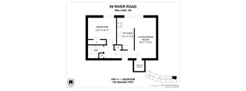 A floor plan for a 1 bedroom apartment at 59 River Road, Welland, ON.