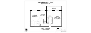 A floor plan for a home at 100 King Street East shows two bedrooms, a balcony, a kitchen, a living/dining room, and a walk-in closet.